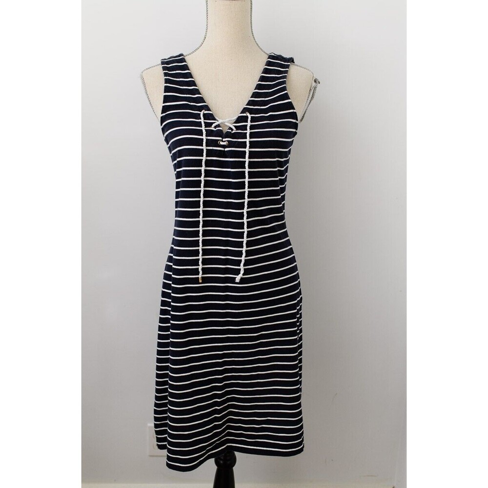Lauren Ralph Lauren Dress M Navy Blue White Striped Tie Neck Sleeveless tank